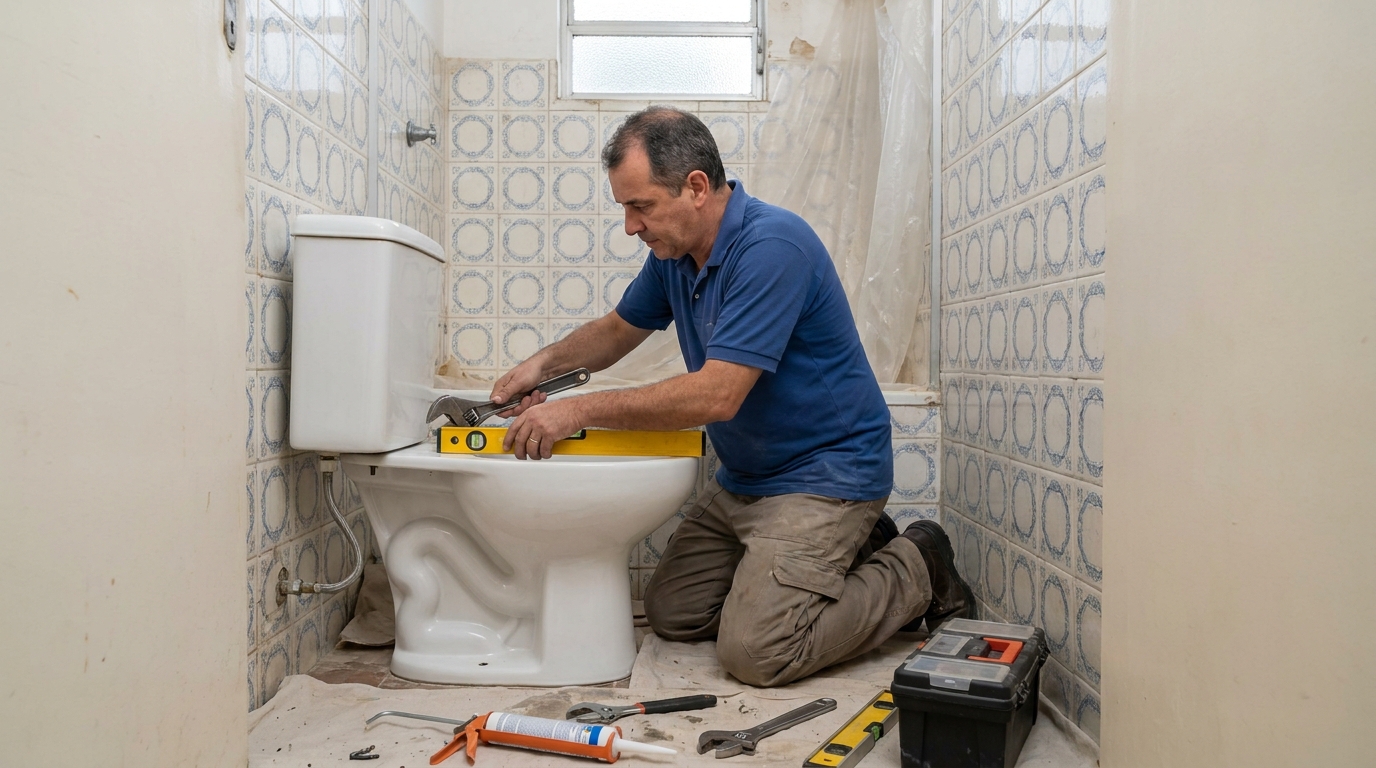 Técnico instalando vaso sanitário em Suzano‑SP